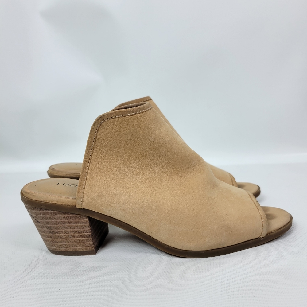 Lucky Brand Leather Heeled Open Toe Mules Sz 7/37